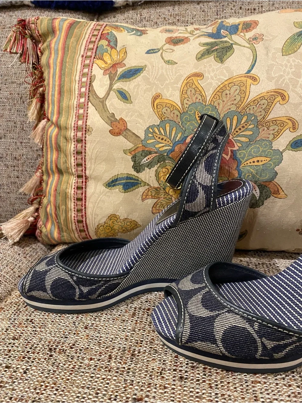 Coach Navy Denim Signature Wedge Sandals with Ankle Strap